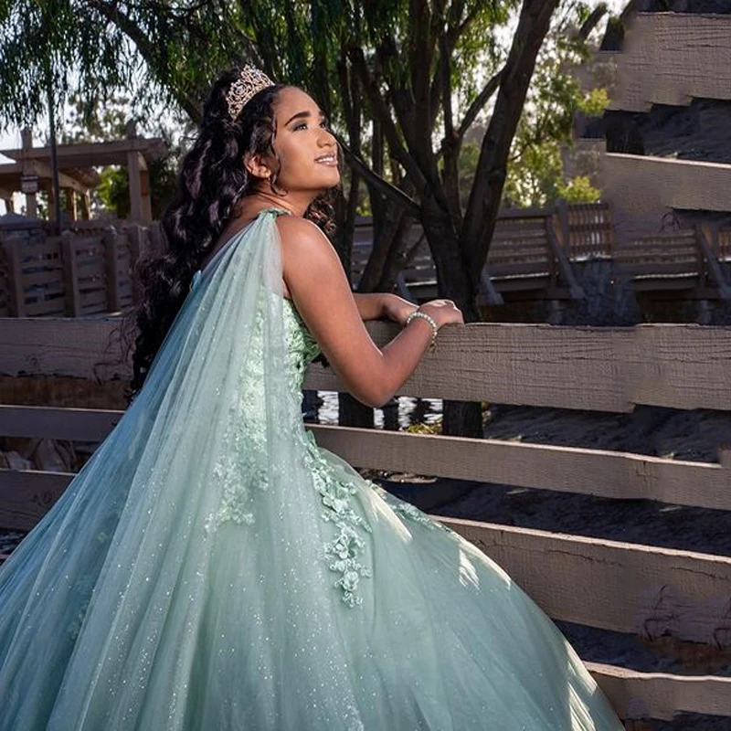 ANGELSBRIDEP Sage Green Quinceanera Dress Ball Gown With Cape Crystal Sweet 15 Vestidos De XV Años Prom Pageant Gowns Corset