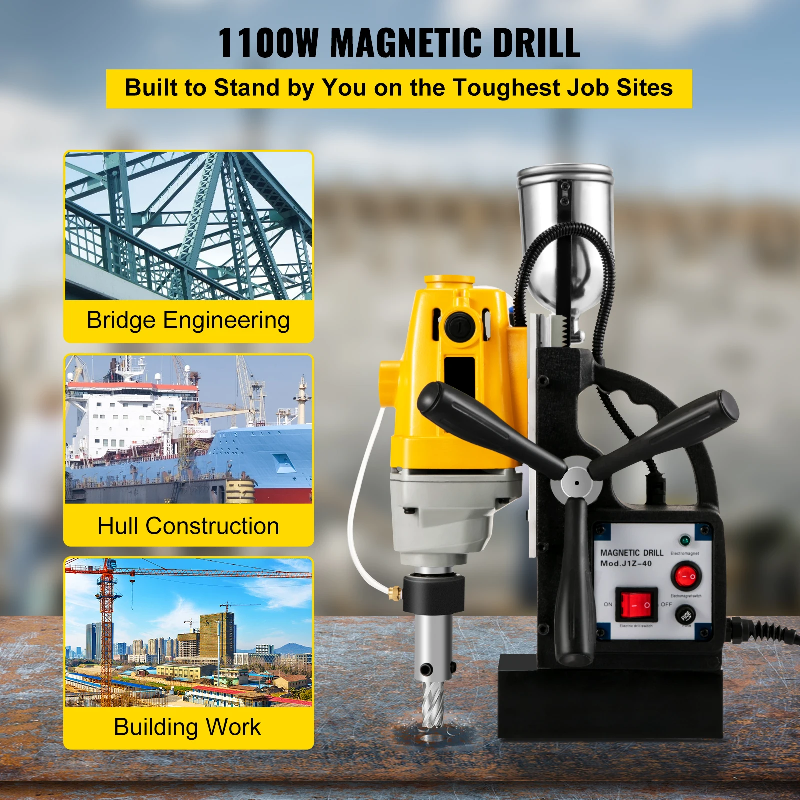 VEVOR Trapano Elettrico Magnetico MD40 Motore del Sistema di Perforazione Magnetico ad Alta Potenza 1100 W, 220 V con11 Punte Elicoidali Usato per Strutture in Acciaio Costruzioni Navali