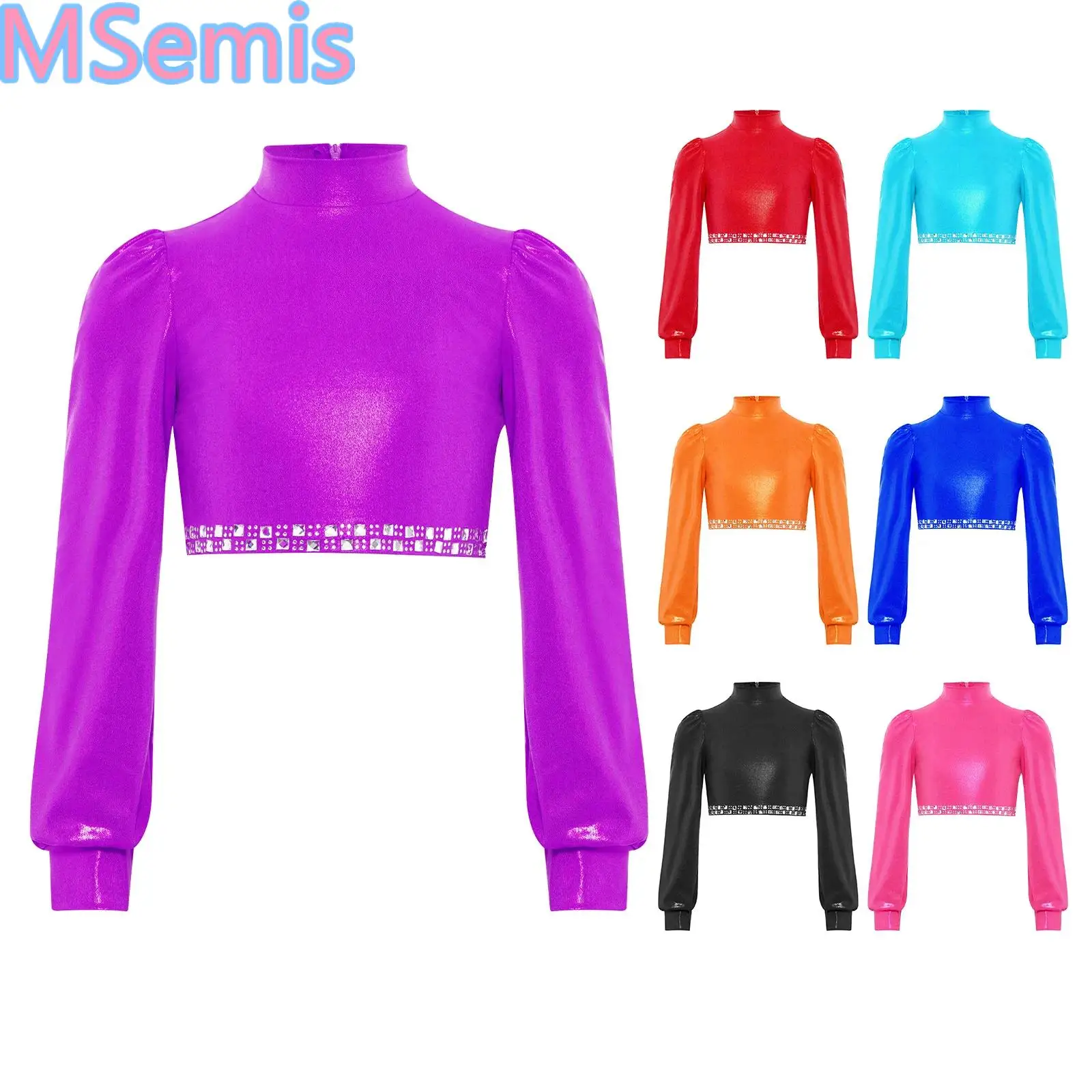 

Girls Shiny Rhinestones Hip-hop Jazz Dance Costume Mock Neck Long Sleeves Metallic Crop Tops with Pants Performance Dancewear