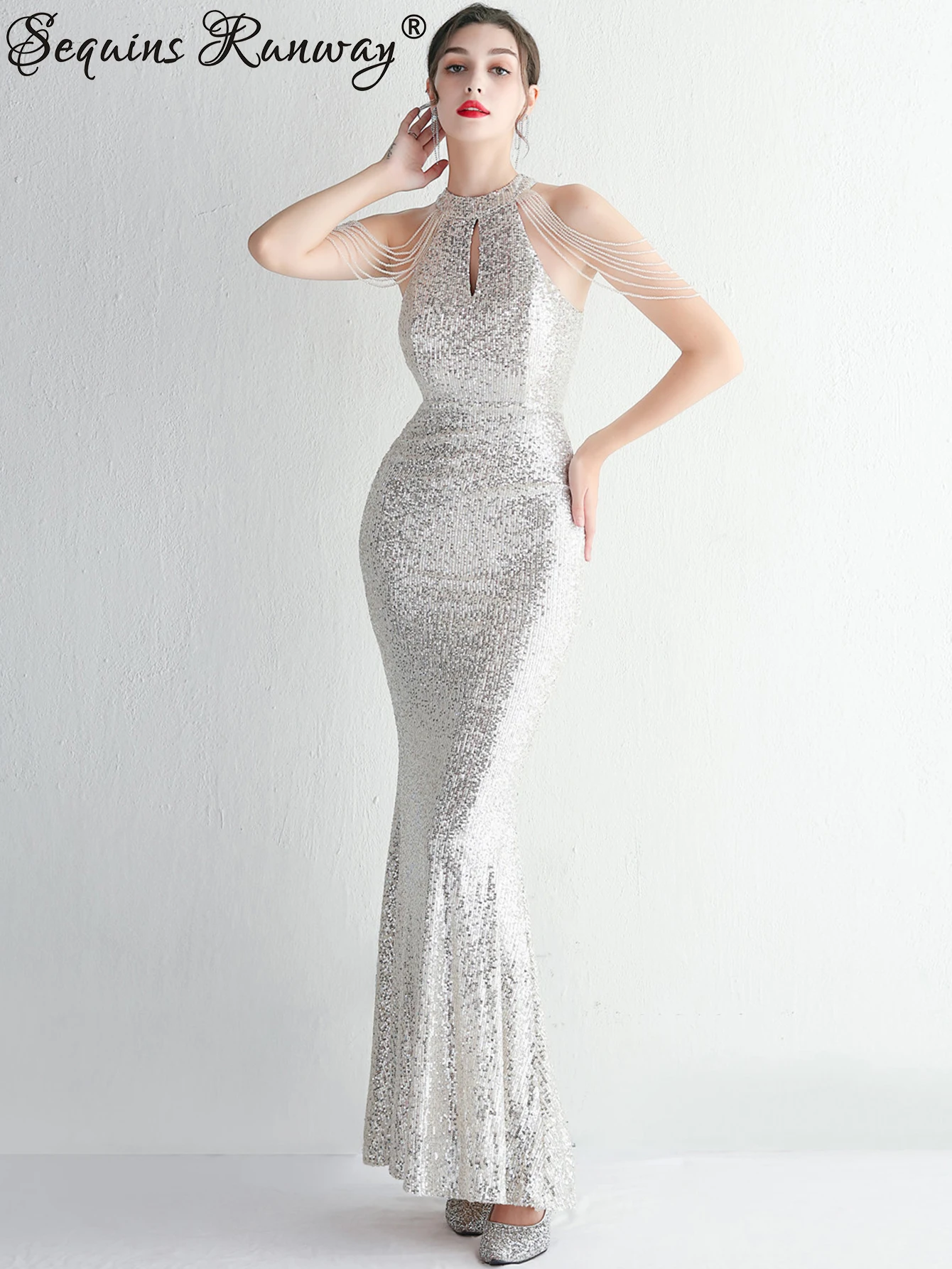 Robe de soirée blanche à paillettes, sexy, dos nu, longue, maxi, élégante, pour Rhde mariage, luxueuse, avec biscuits