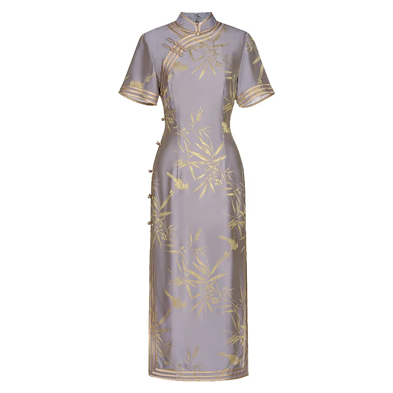 High Quality Summer Real Silk Improved Cheongsam Qipao Women's High-End Suzhou Long Chinese Wholesale