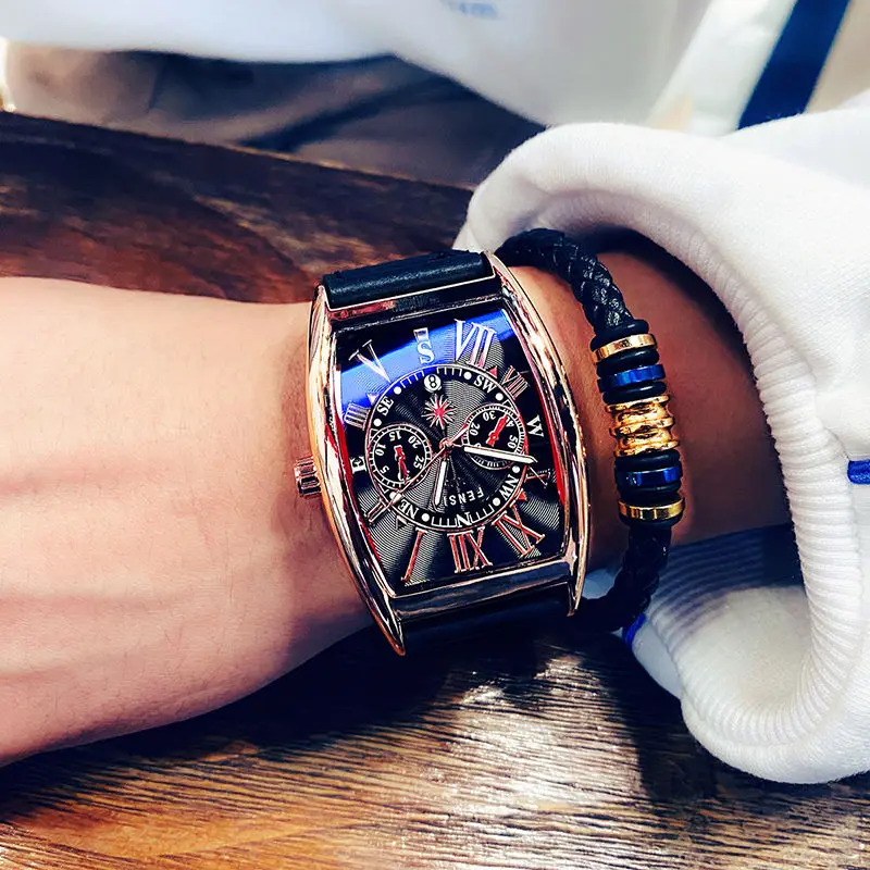 Luxurious Men's Quartz Watch, Stylish Barrel-Shaped Wristwatch with Roman Numerals, Waterproof Leather Strap Business Watch, Casual Dress Watch with Date Display, Ideal Gift for Father, Husband, Boyfriend, High-Quality Men's Watch Suitable for Daily Wear and Business Occasions