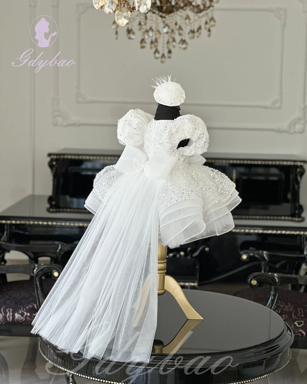 Robe de demoiselle d'honneur blanche pour mariage, robe de princesse à paillettes gonflées, robe de première communion en tulle, longueur au genou avec nœud, anniversaire d'enfants, bébé