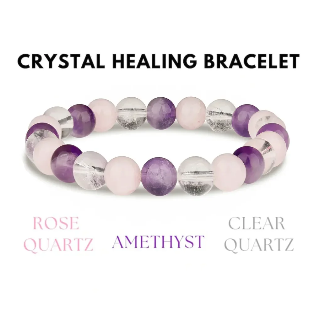 Crystal Healing Bracelet Amethyst Clear Quartz  Rose Quartz 8 mm Round Healing Crystals (Stretch Bracelet, Gemstone Bracelet)