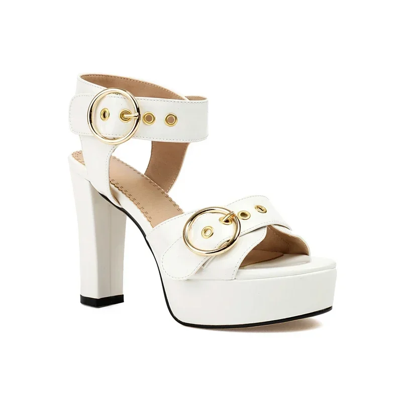 Mature Denim Jeans Blue Patent Leather White Women Summer Shoes Big Buckle Belt Block High Heels Pumps Platform Sandals Lady