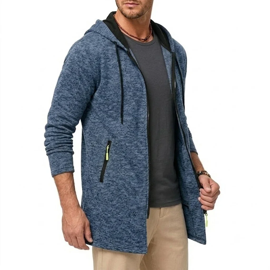 Neue Herren-Kapuzenjacke mit Reißverschluss, thermisch, winddicht, lässiger Fleece-Sweatshirt, Reißverschlusstaschen, langer Mantel für Outdoor-Aktivitäten, mit Kapuze – Detail 7