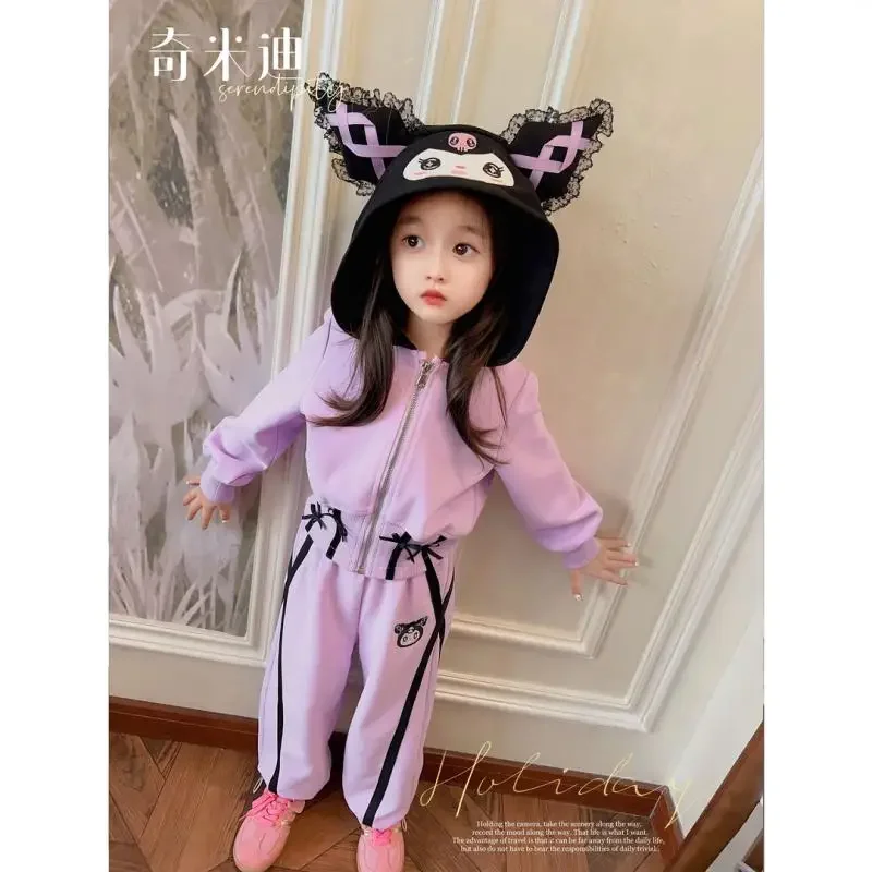 Anime Sanrioed My Melody Kuromi Girl Autumn Winter Casual Set Cinnamorollcute Cartoon Kid Hooded Sportswear Toddler Clothse Gift