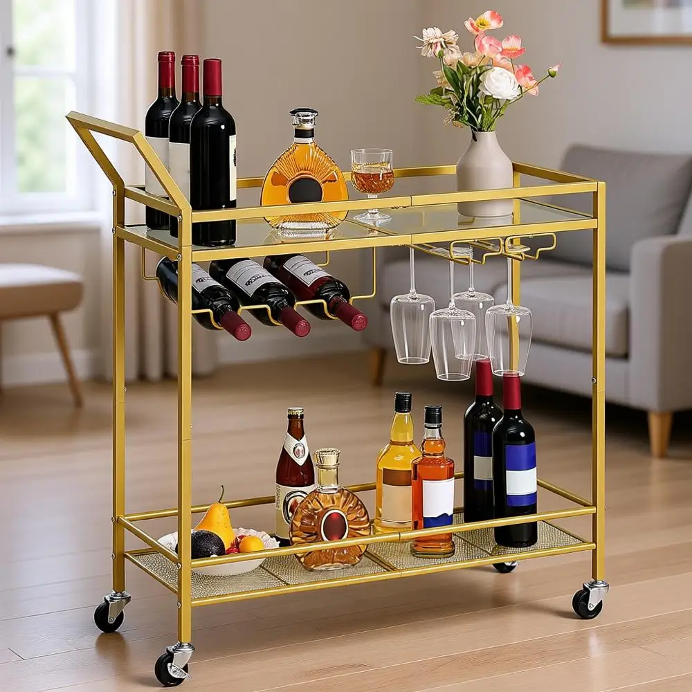 

Двухуровневая кухонная сервировочная тележка с подставкой для вина и держателем для стаканов, мобильная барная тележка для столовой и гостиной, золотая