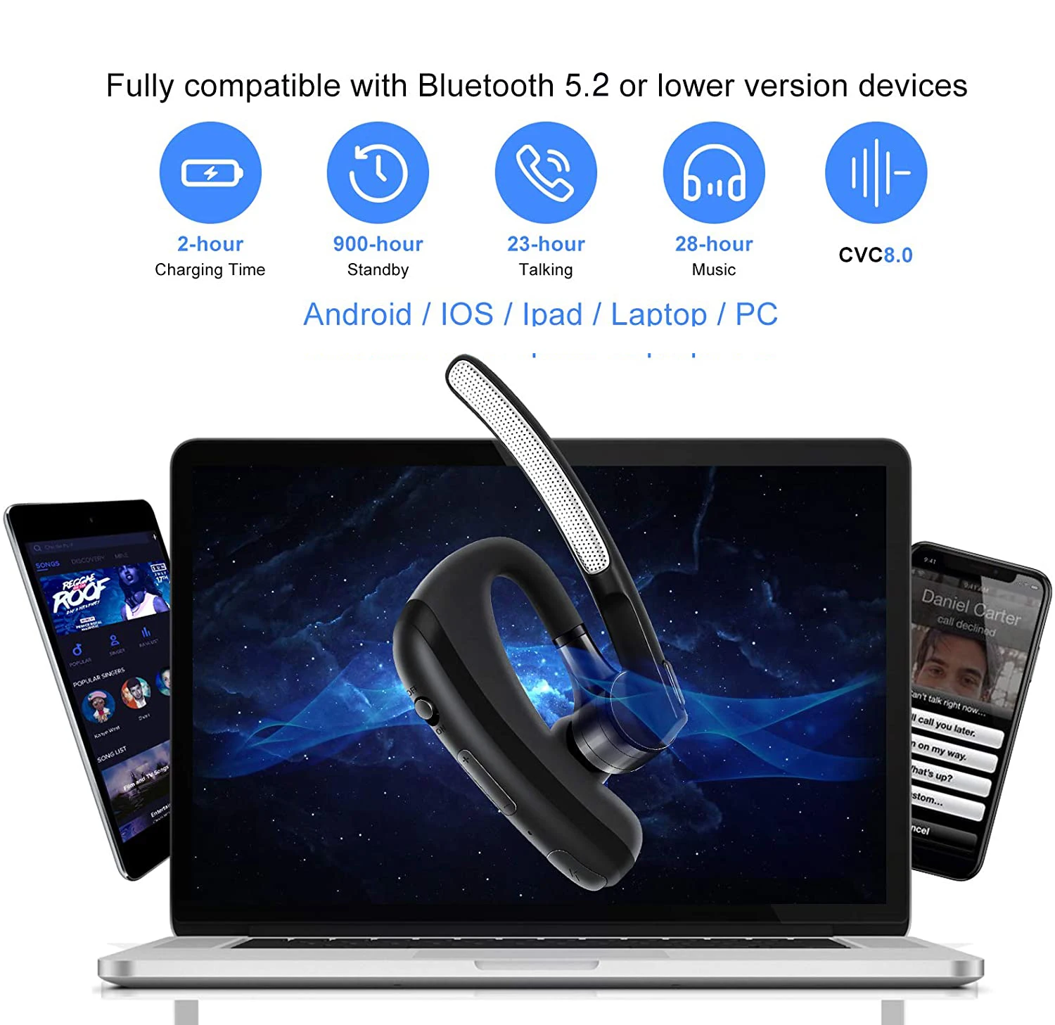 سماعات بلوتوث لاسلكية، سماعات إلغاء الضوضاء، سماعات أذن بدون استخدام اليدين مع ميكروفون مزدوج لقيادة سائق المكتب