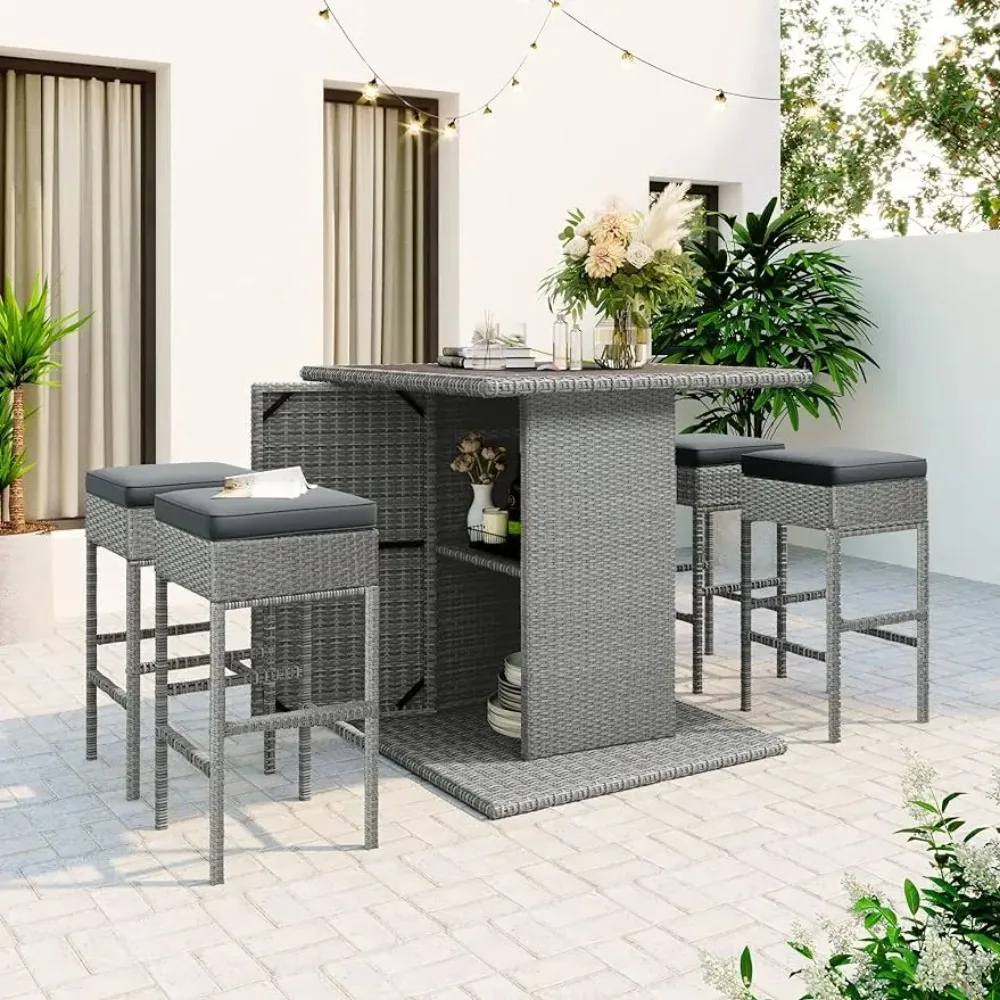 3/5/7pc Rattan Dining,PE Wicker Square Kitchen Table Set w/ Stools,Bar Height Chairs & Storage Shelf for Poolside,Garden