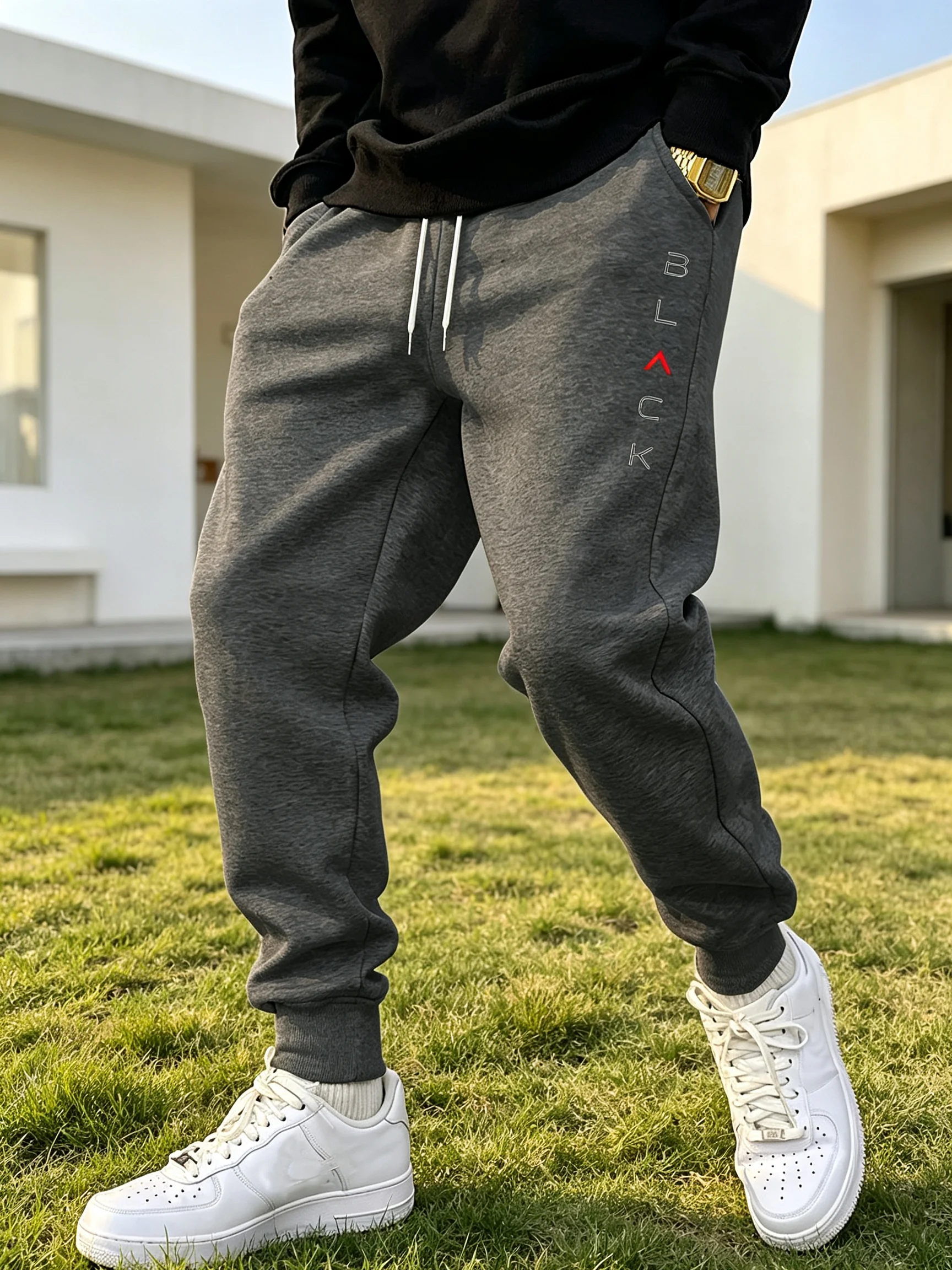Schwarze Herren-Sporthose mit Schriftzug, Urbane Casual-Mode-Hose, Ganzjährig für Zuhause und Outdoor, Bequeme Weiche Jogginghose, Herrenbekleidung – Detail 22