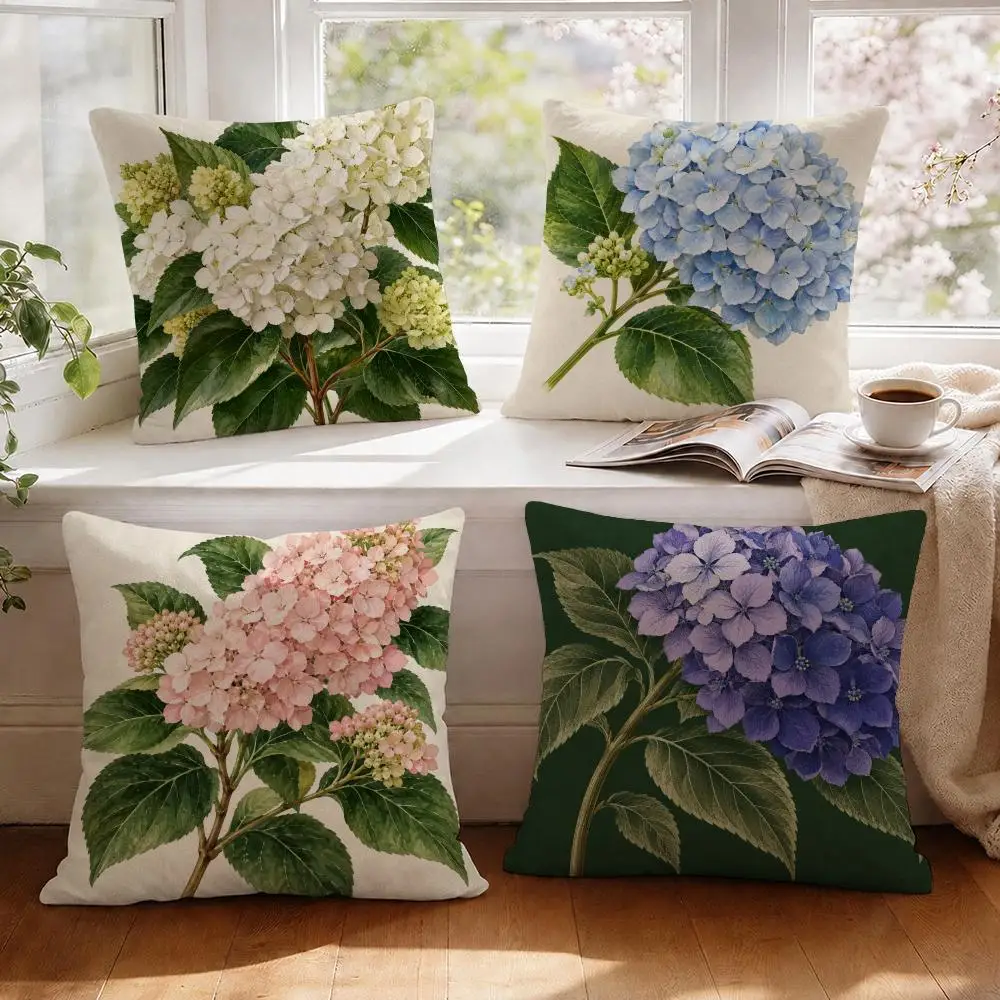 Hydrangea Elegant Romantic Cushion Cover 1/4Pcs Linen Throw Pillow Covers Double-Side Print Sofa Couch Living Room Decor