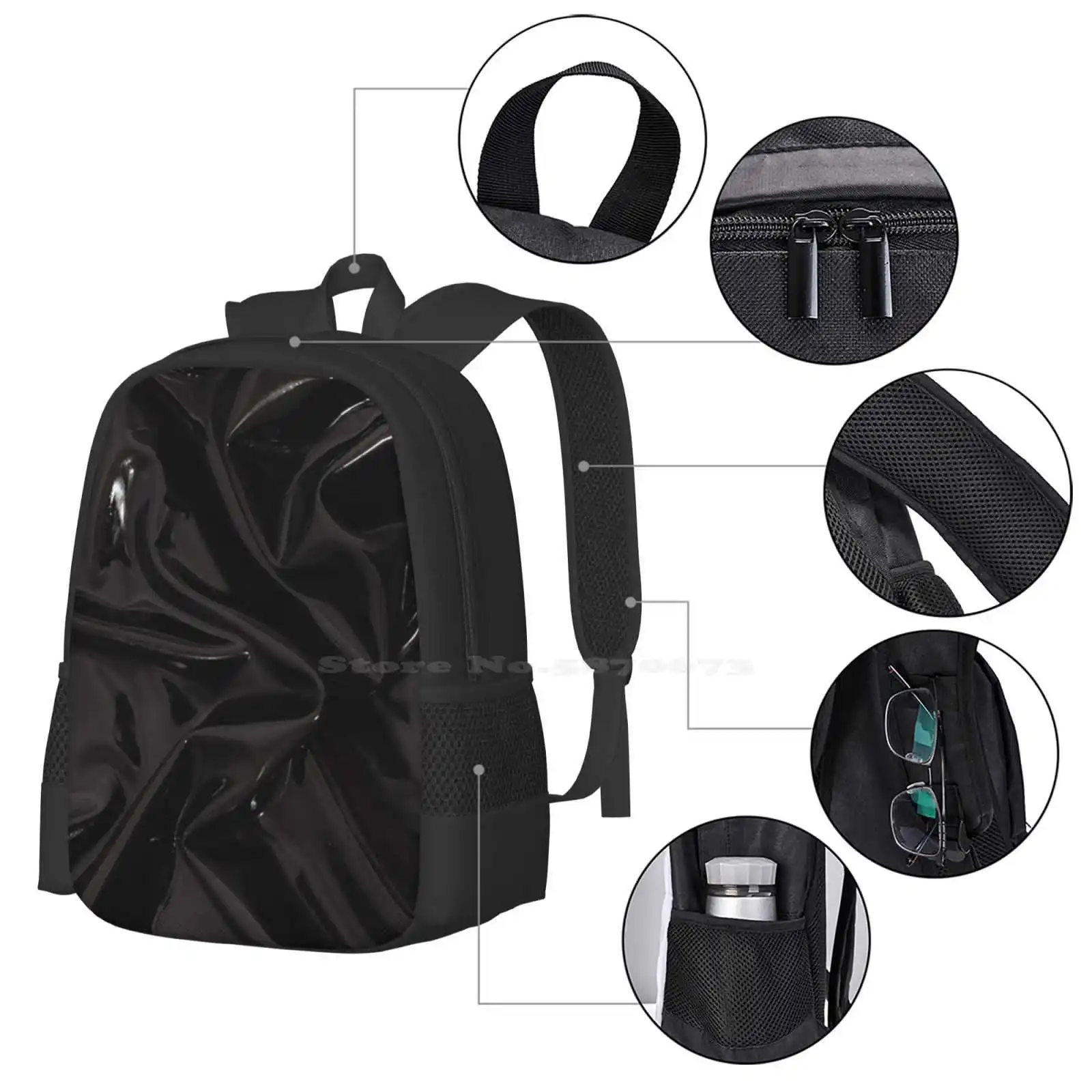 Mochila de látex preto brilhante para estudante, Laptop Travel Bag, Mochila escolar