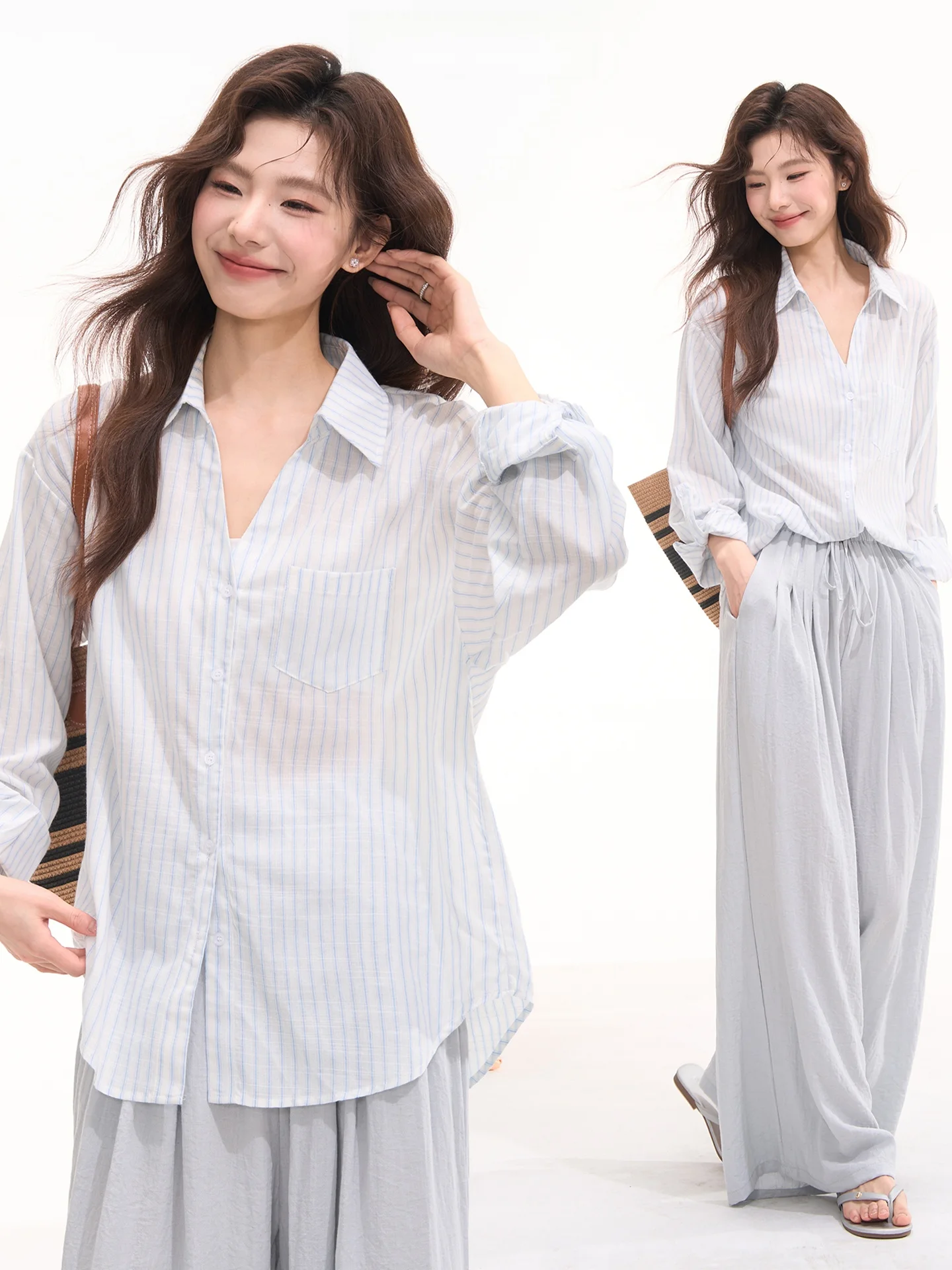 

Heme Bamboo Fog Striped Cotton Shirt Women's Loose Commute Spring Summer Top UV Protection Casual Fashion Ladies' Blouse