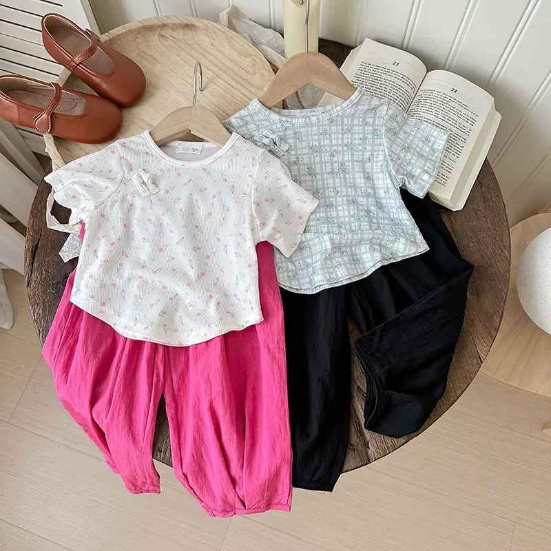 2-10T Toddler Kid Baby Girl 2pcs Clothes Set Short Sleeve Flower T Shirt Top Pant Suit Cotton Two Piece Set Cute Outfit