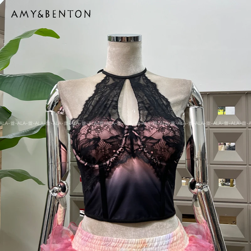 

Original Design Strap Lace Hollow Out Splcing Halter Backless Women's Top New Gradient Fishbone Sweet Spicy Sexy Vest Ladies