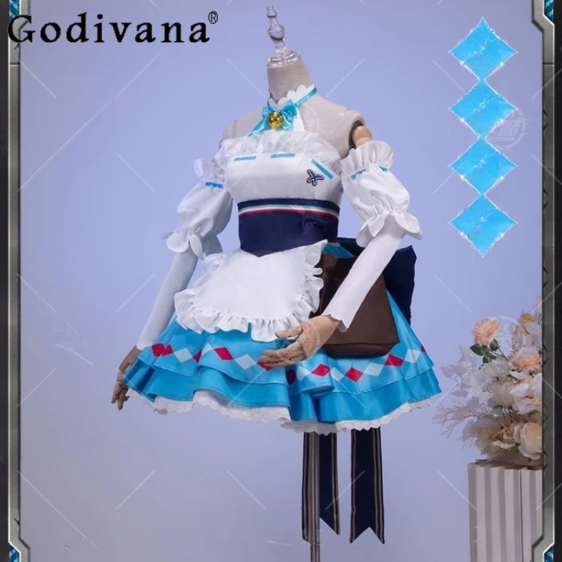 Abito adorabile cosplay per costume da donna, costume da festa di Halloween, set completo da gioco per festival con design a fiocco bianco blu