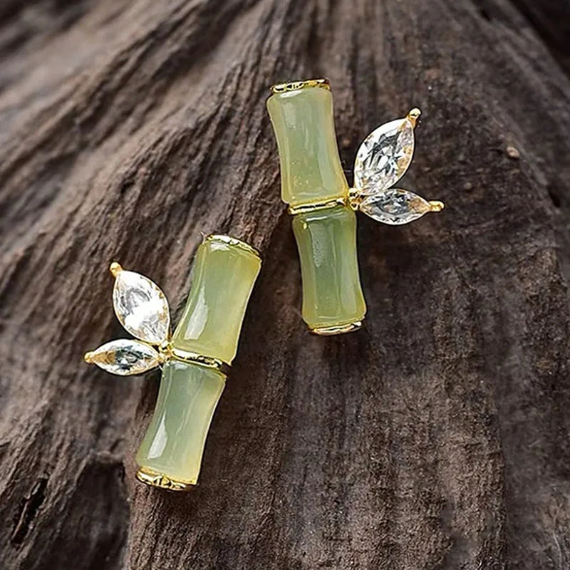 Vintage Ethnic Style Imitation Jade Bamboo Crystal Stud Earrings Women Temperament Chinese Style Fashion Jewelry Gifts