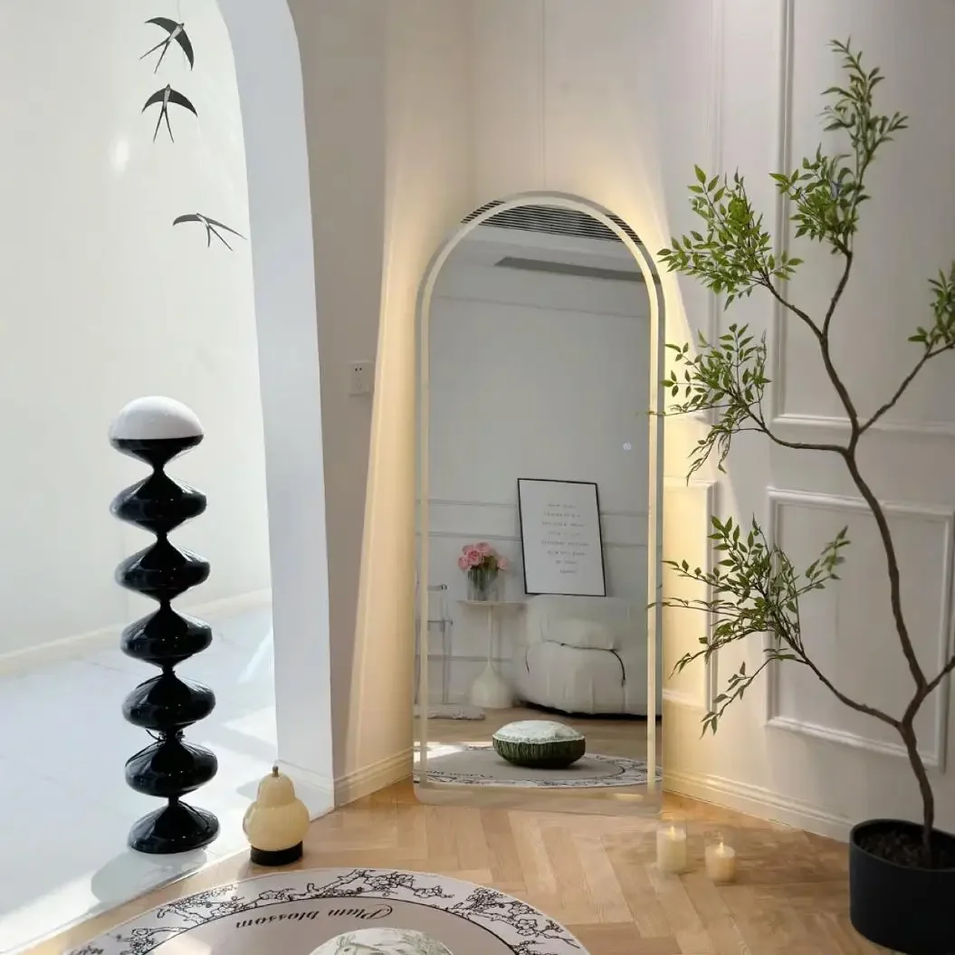 Rustic Sturdy Build Beige Mirror Mobile with Casters Wipe Clean Surface Foldable Design Timeless Style for Bedroom Waterproof