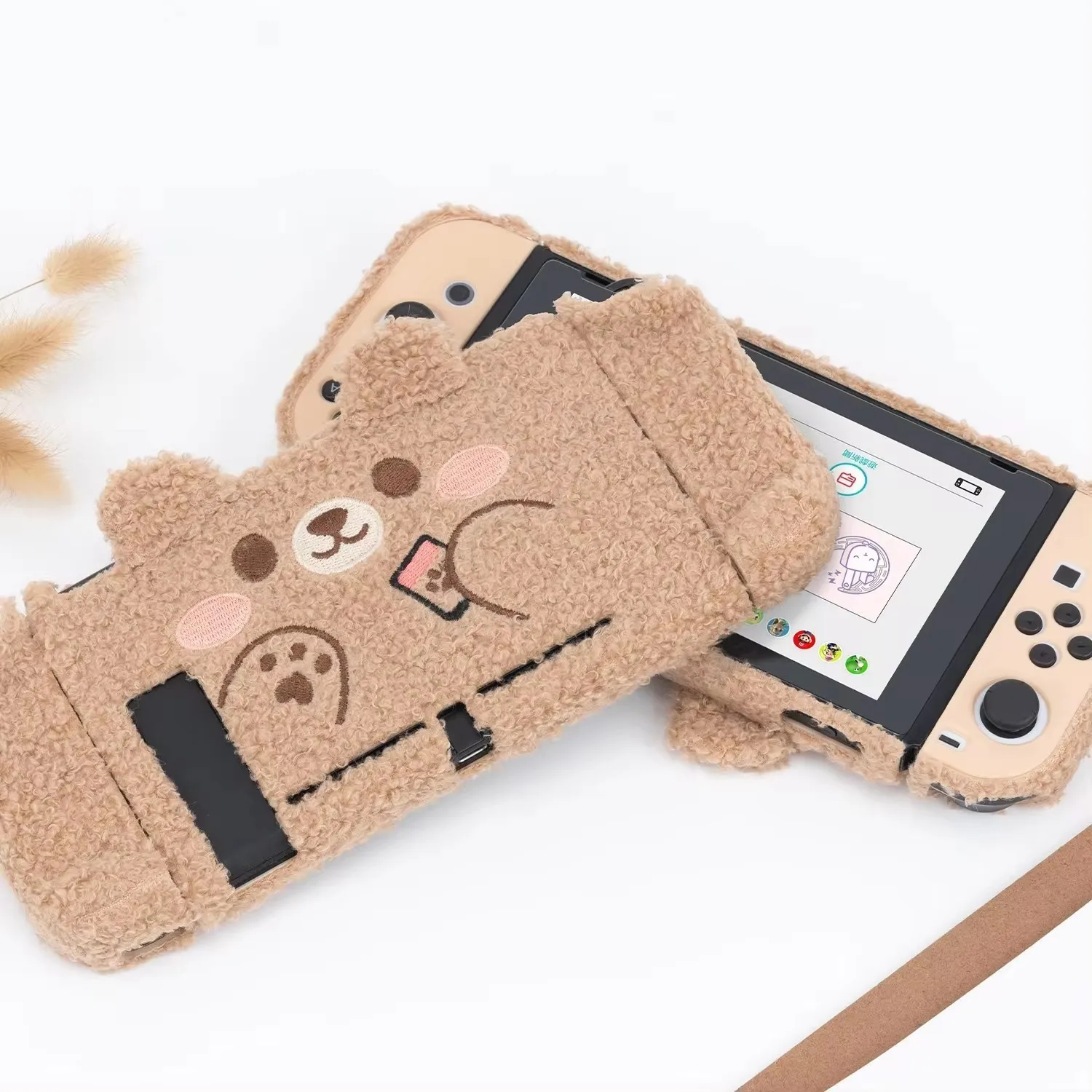Casing Baru Beruang Lucu Mewah Nintendo Switch Pelindung Cangkang Keras Penutup Joy-Con Terpisah untuk Aksesori Nintendo Switch NS