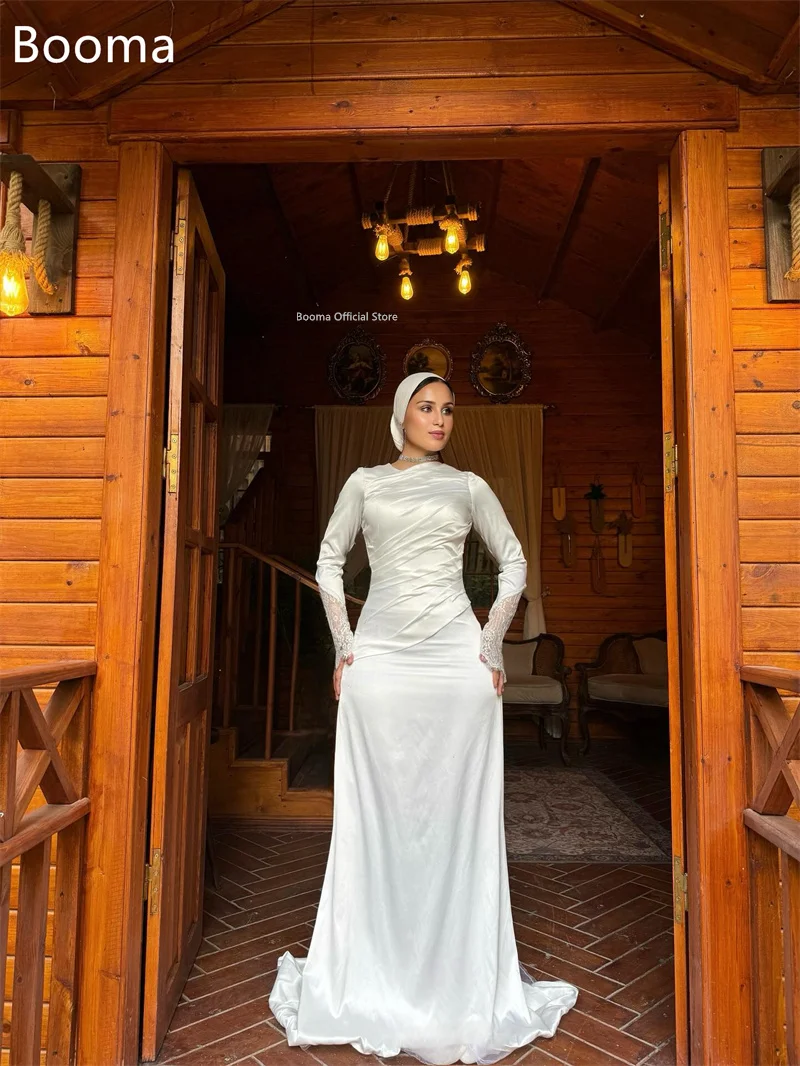 Booma حورية البحر دانتيل فساتين زفاف طويلة مطوي طول الأرض ساتان فستان عرائس أنيق المملكة العربية السعودية مصنوع حسب الطلب 2025 #6