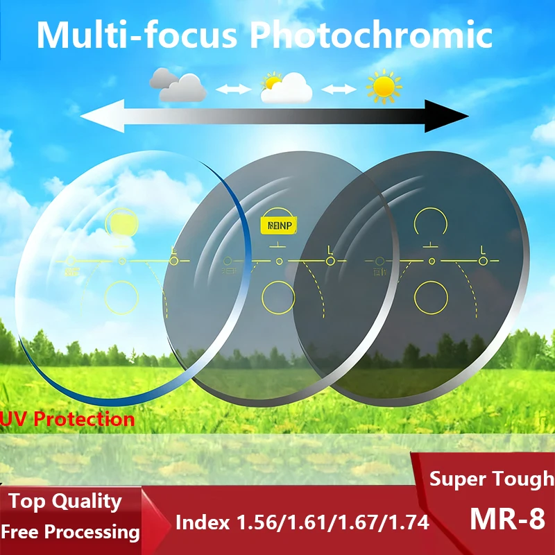 

Multi Focus Progressive Photochromic Prescription Lens 1.56 1.61 1.67 1.74 See Far and Near Outdoor Sunglasses Graduate Lenses