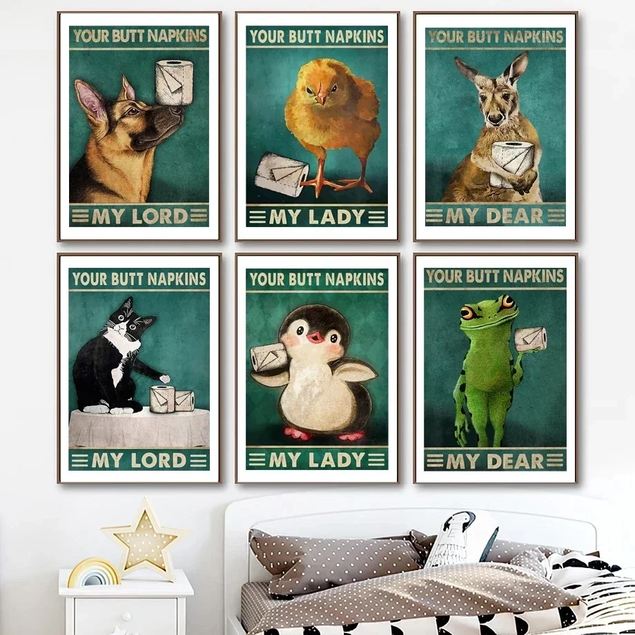 Tu servilletas a tope, mi señor querido baño, Animal, Rana, canguro, gato negro, arte de pared, lienzo minimalista, carteles de pintura para decoración del hogar
