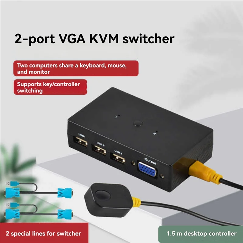 AF91-2-Port VGA KVM Switch Two-In-One-Out With Desktop Controller Shared Set Of Keyboard, Mouse And Monitor