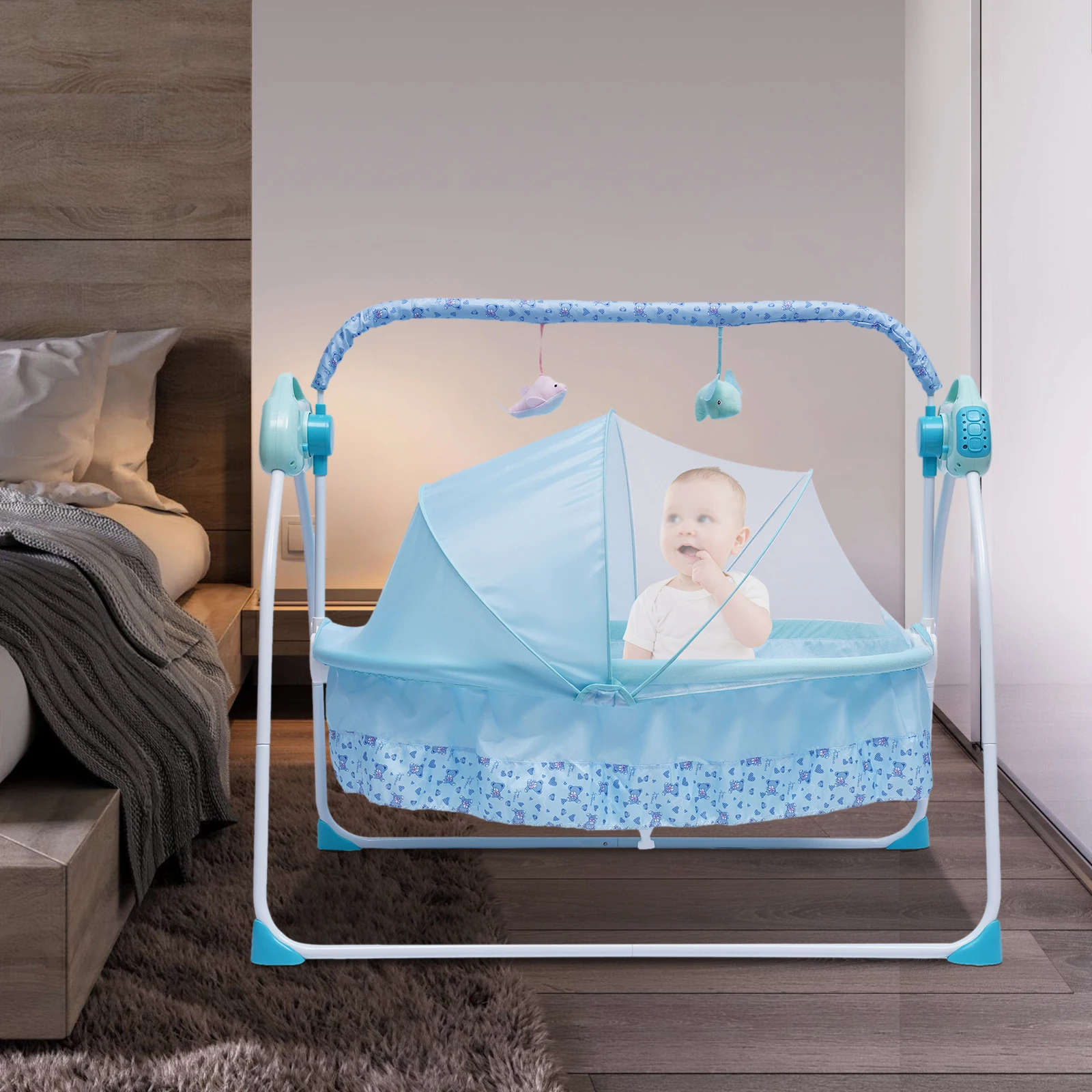 Baby Cradle Swing Auto Rocking Chair Remote Control 5 Speed Electric Infant Bed Musical Sleeping Basket Mosquito Net Mat Pillow