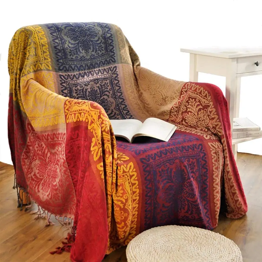 

Плед-накидка из шенилла с жаккардовым узором и бахромой, для кровати, дивана, мягкого кресла, в богемном стиле, с красной бахромой, большой, 86x102 дюйма