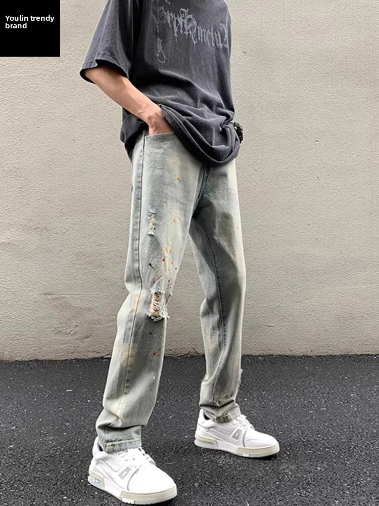 

Waed Vintage American Hiphop Jeans Men's High Street Sle Skinny Pants Torn Denim Casual Youth Faion Spring Autumn