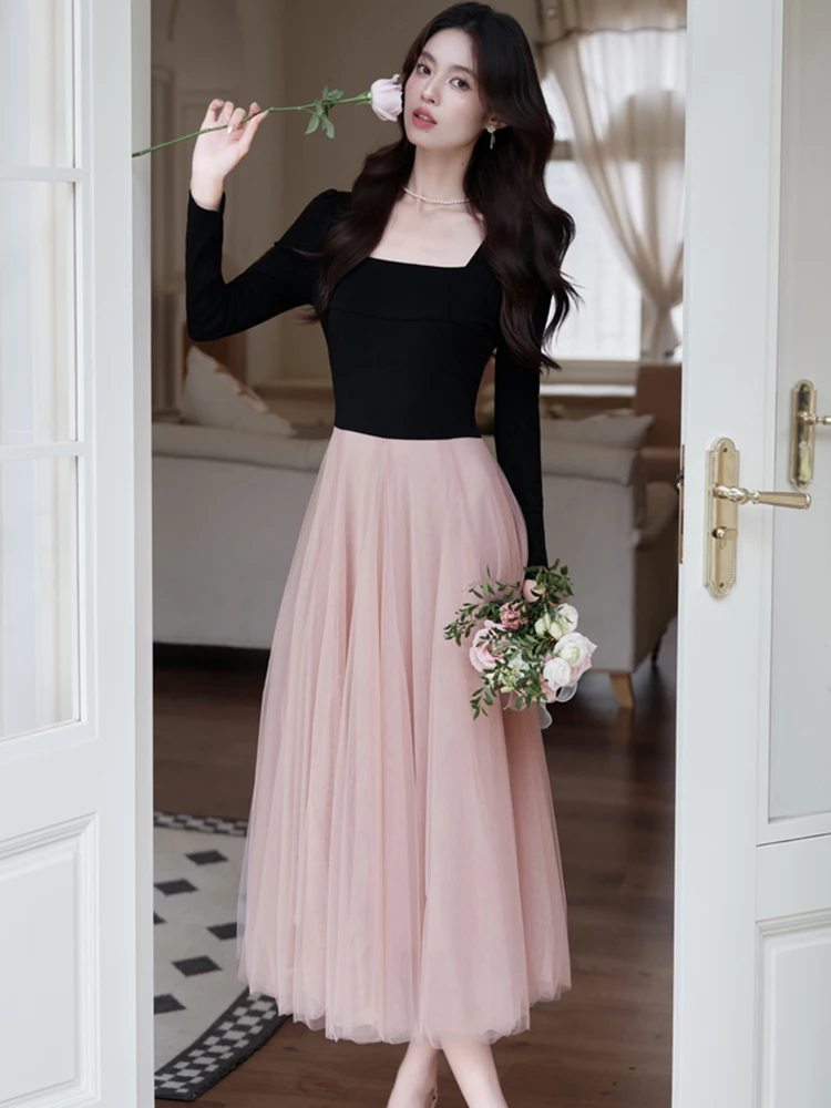 Otoño Invierno Rosa Patchwork negro manga larga vestido con cuello cuadrado mujeres elegante vestido vendaje con lazo 2025 Vestidos ceñidos coreanos