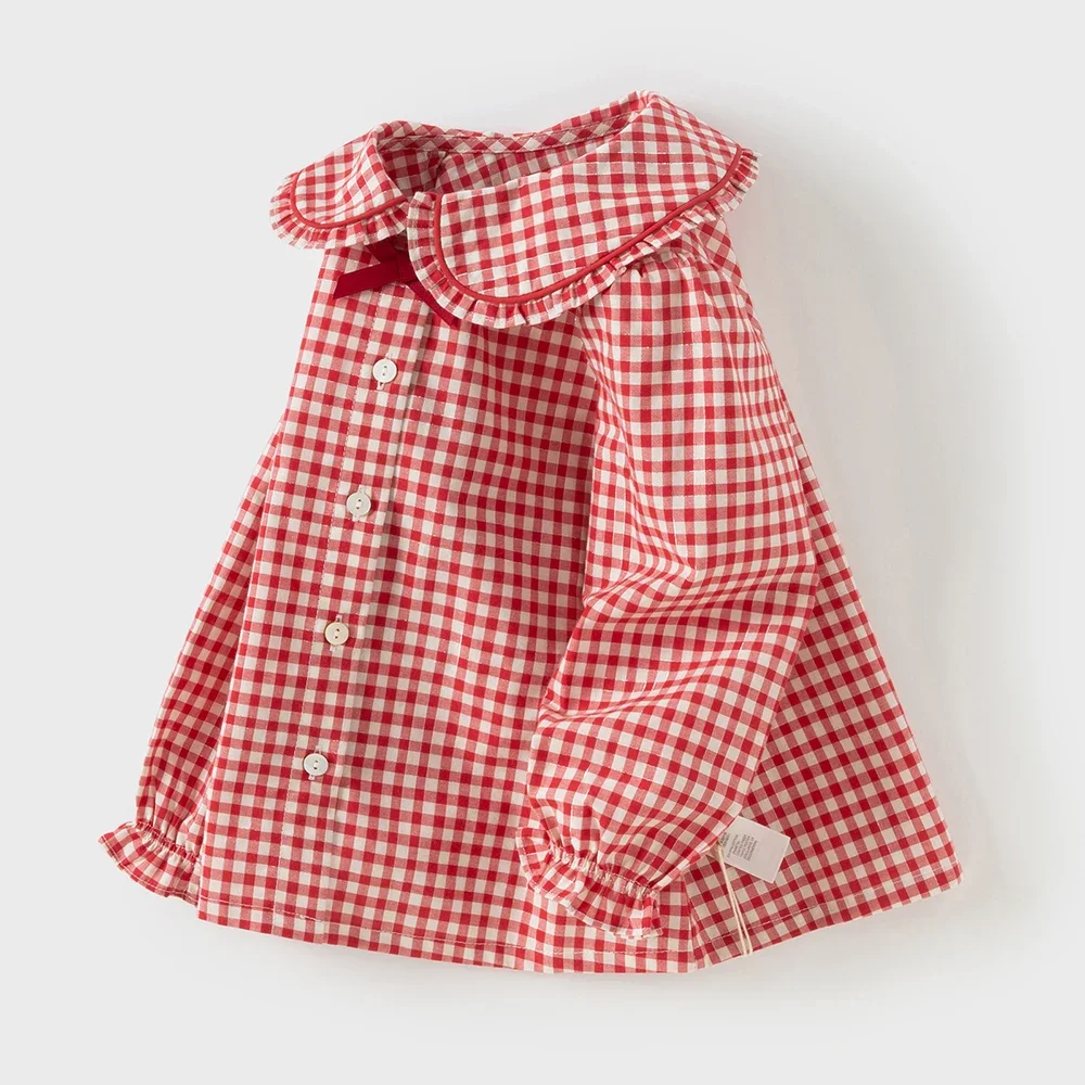 Dave Bella Children's Red White Plaid Shirt Clothes Autumn Girls' Baby Fashion Casual Pure Cotton Top Outdoor Party DB3253344