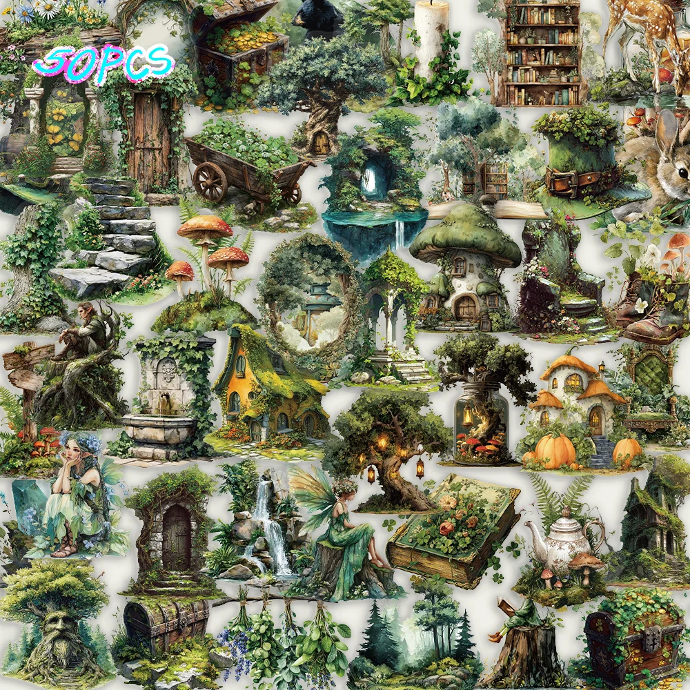 50pcs forest themed green cartoon creative hand drawn DIY stickers decorating phone cases, laptops, guitars, stickers