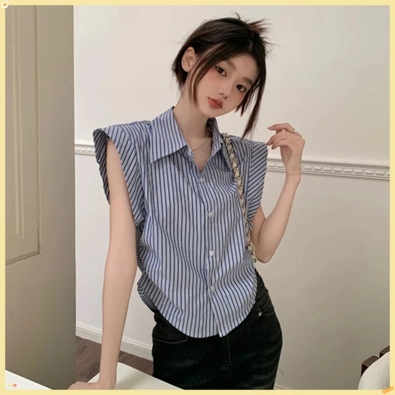 

Summer Haute Couture Blue Striped POLO Collar Short Sleeved Shirt New Unique Temperament Loose Comfortable Casual Women's Top