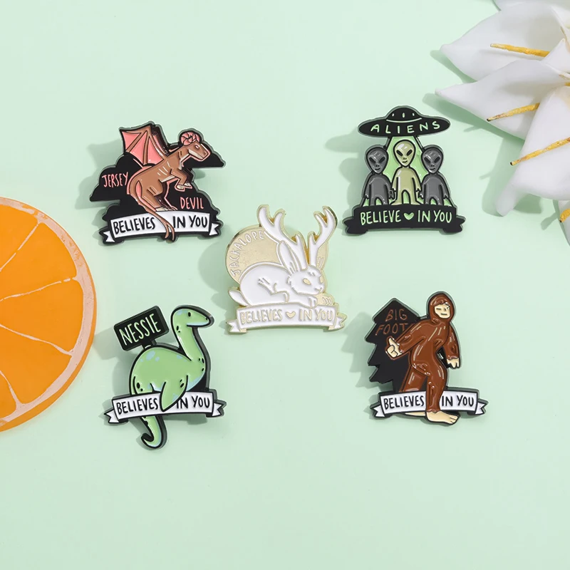 5PCS/Cryptid Friends Enamel Pins Custom Alien Dinosaur BELIEVE IN YOUBrooches Lapel Badges Animal Jewelry Gift for Kids Friends