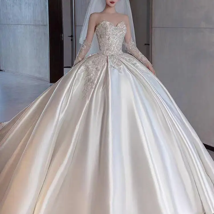 Abito da sposa in raso di seta Dr 2024 New Sle Or plus Size Abito da sposa con cintura ricamata a vita alta con coda lunga fino al pavimento