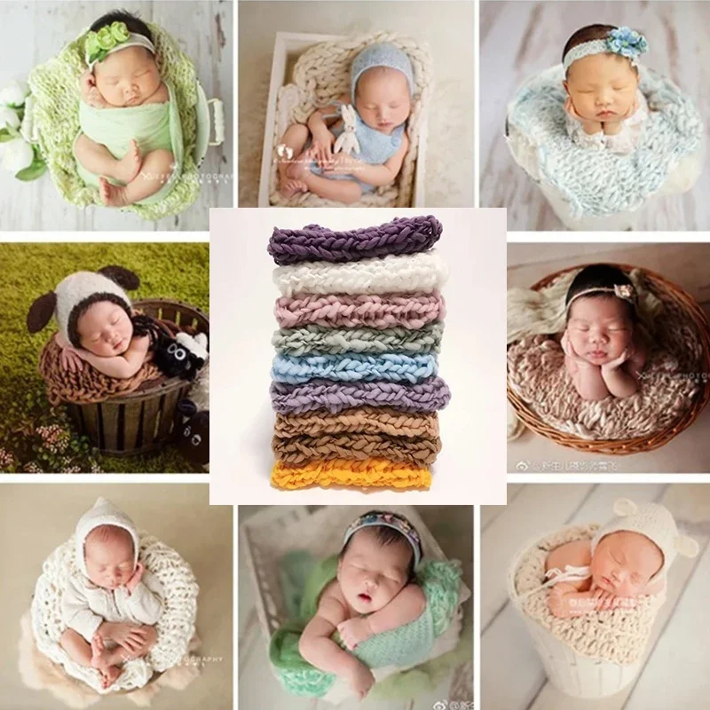 Newborn Photography Blacket Soft Fine Grid Elastic Fabric Backdrop Blanket Baby Photo Rattan Baskets Photoshoot Accessories