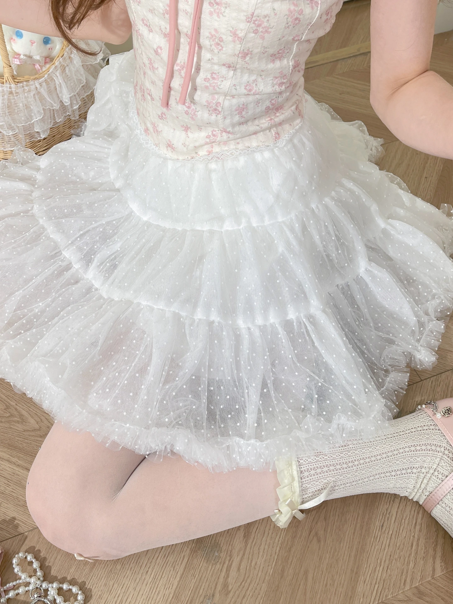 

High Waist Semi-Body Skirt Women's Sweet Girl Puffy Cake Skirt Summer New Style Versatile Skirt Lace Design Nylon Fabric