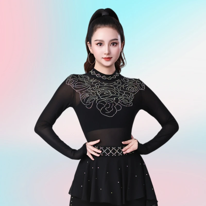 Women's New Arrival Form-Fitting Sexy Mesh Long-Sleeve Bodysuit Modern Dance Latin Dance Costume Ballroom Dance Practice Top