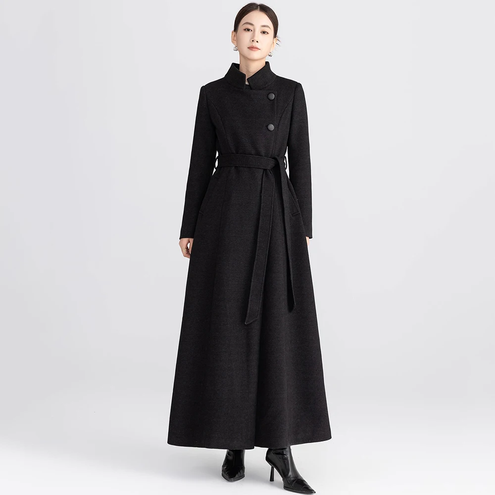 

New Women Simplicity Long Woolen Coat Fashion Stand Collar Single Breasted Slim Waist Wool Blended Coat Elegant Daily Outerwear