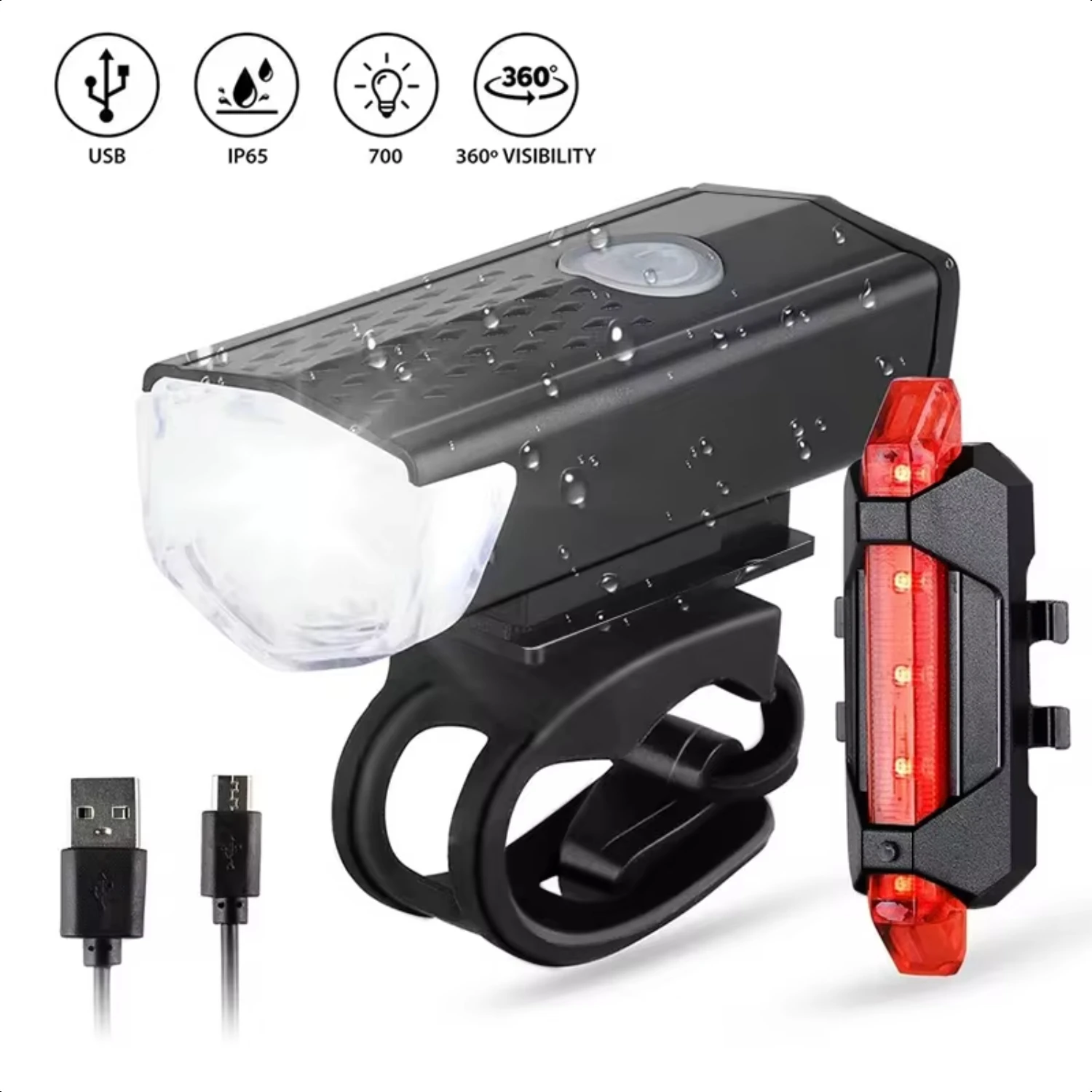 2pcs Bike Bicycle Light USB  Rechargeable Set MTB Road Bike Front Back Headlight Lamp Flashlight Cycling Light Cycling Acces