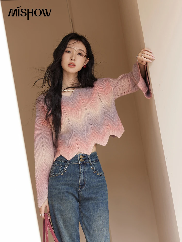 MISHOW Colorful Gradient Sweater Women Sweet O-Neck Flared Sleeve Top Fall French Elegant Short Long Sleeve Knitwear MXD48Z0947