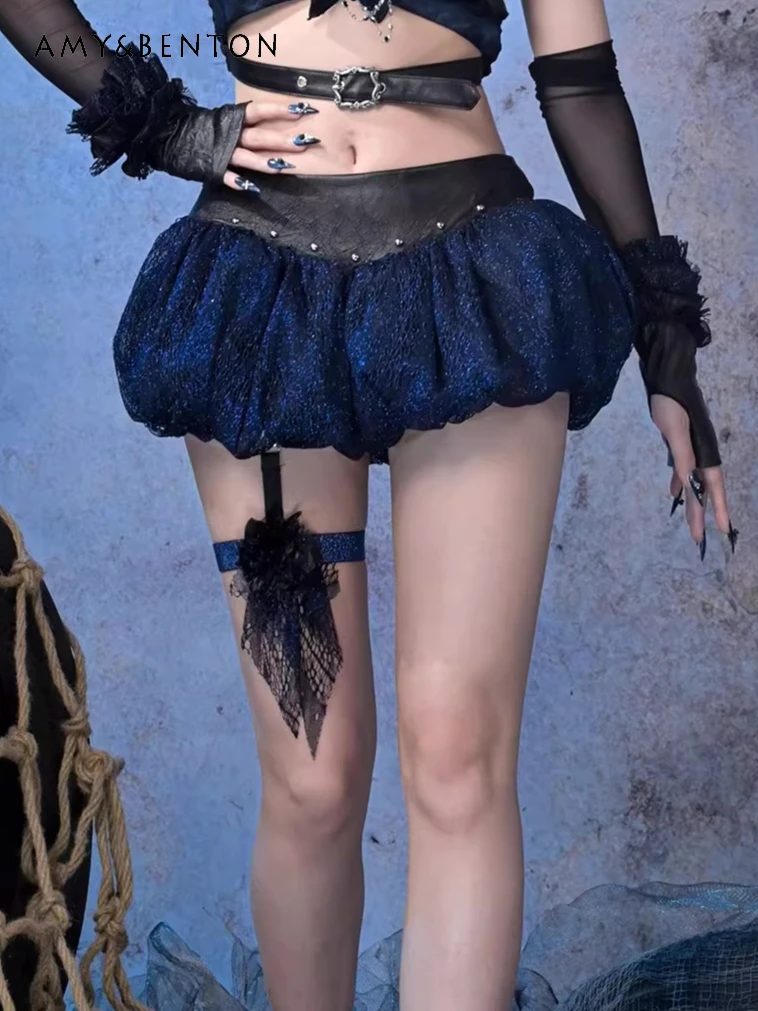

Y2K Punk Style Hot Girl Rivet Low Waist Lace Sexy Puff Skirt Subculture Gothic Retro Print Shiny Pu Leather Tutu Skirt for Women