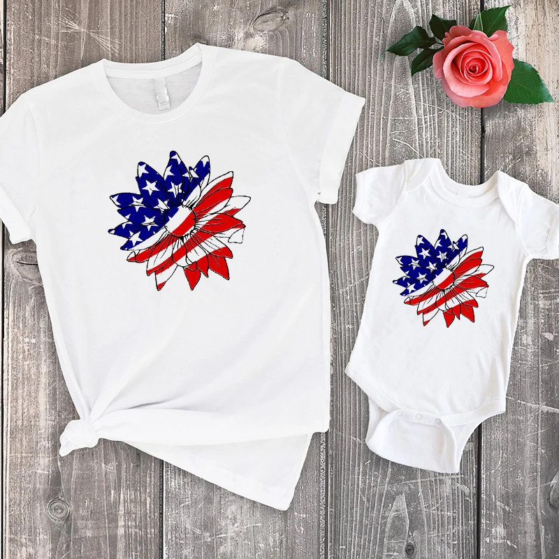 Patriotic Sunflower Shirt Sunflower American Flag Mom and Me Matching Tshirt Fourth of July Clothes Fashion Family Clothing