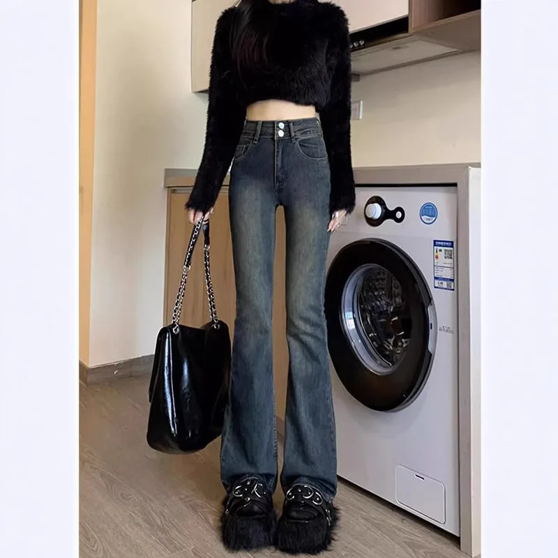 Cement Gray Micro-pull Jeans Women's 2025 New Small Slim Spice Girl High-waisted Flared Horseshoe Pants