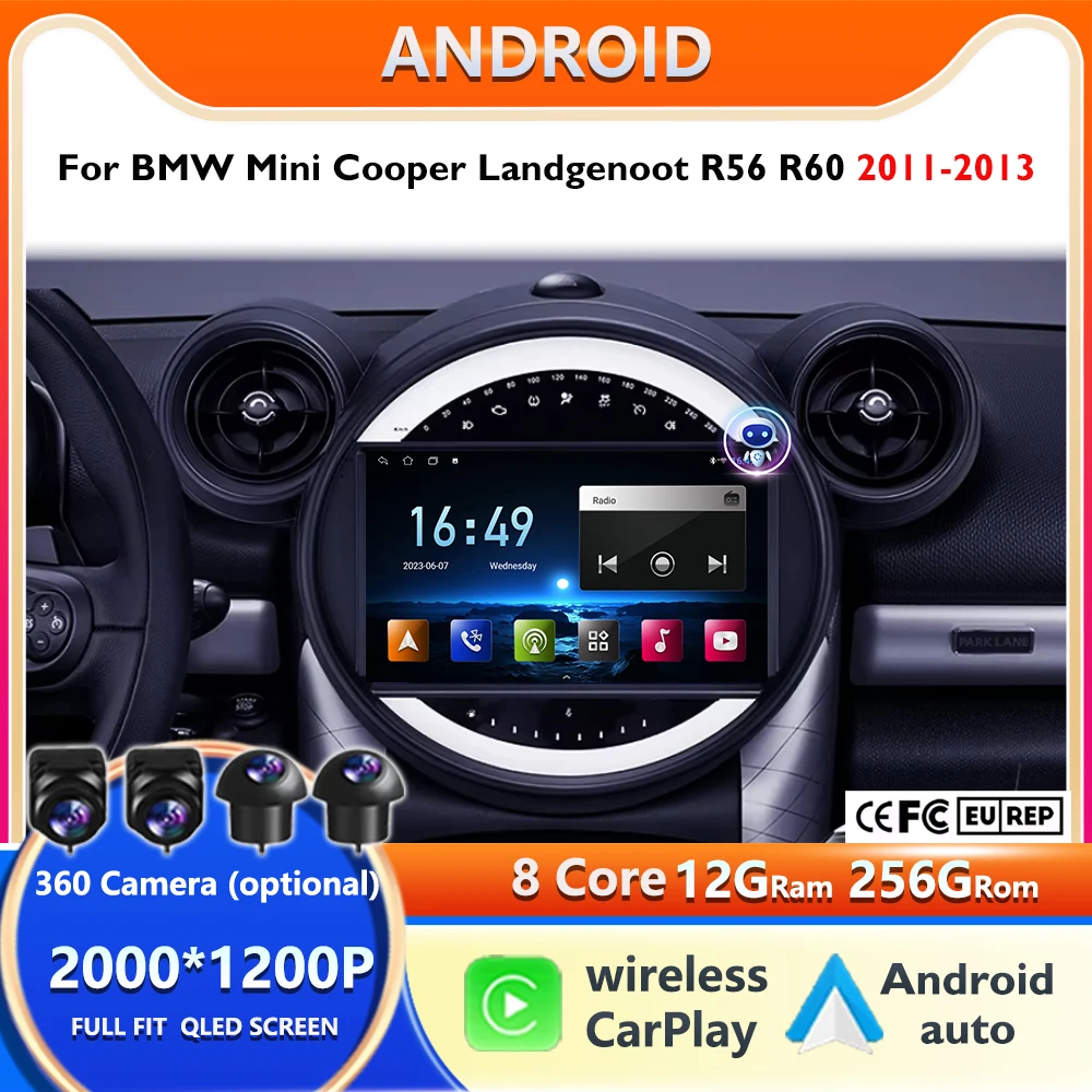 Radio Multimedia para Auto Android 16 con Navegación GPS 4G, Carplay Inalámbrico y Pantalla Táctil para BMW Mini Cooper Landgenoot R56 R60 2011-2013