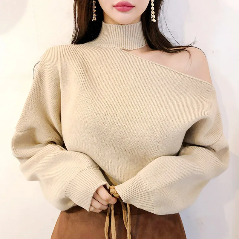 

Korean Fashion Off Shoulder Halter Knitted Women Sweater Autumn Winter New Irregular Solid Casual Loose Elegant Lady Tops 31118
