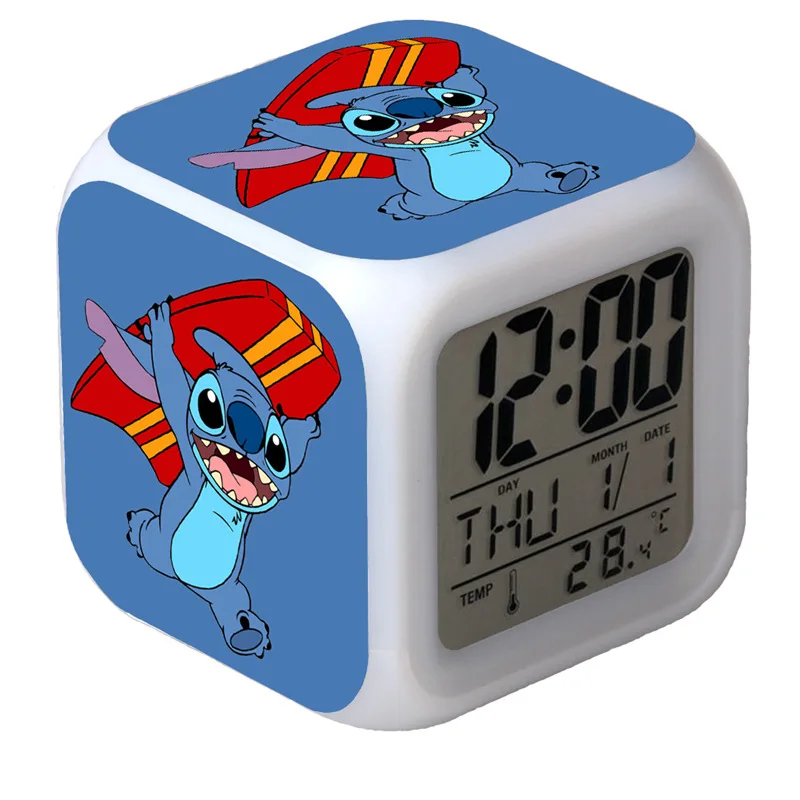 Cute Lilo&stitch Disney Cartoon Alarm Clock Discoloration Luminescence LED Digital Light Cartoon Figure Toys Kids Birthday Gifts