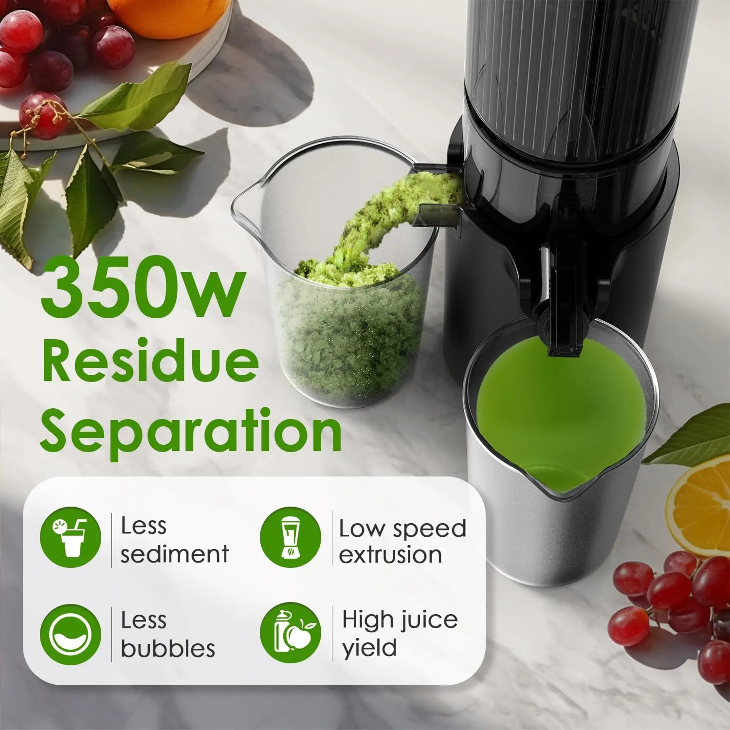 Masticando máquinas Juicer, Espremedor lento a frio com calha de alimentação maior, Espremedor puro 350W para legumes e frutas, 5,3 polegadas